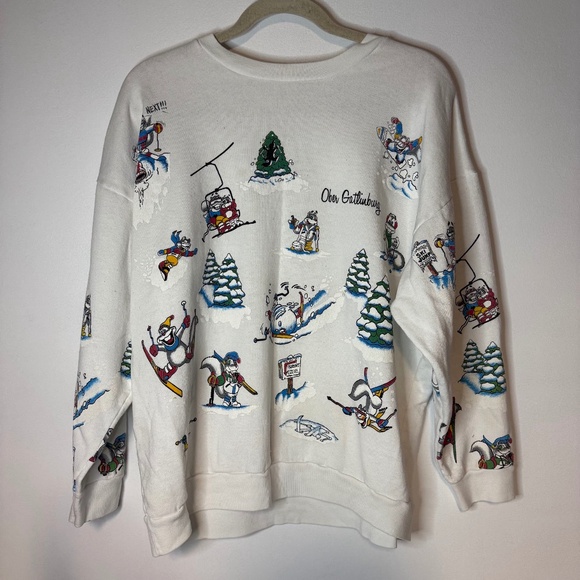 Vintage Ober Gatlinburg Sweatshirt w/ Cartoon Skiing Chipmunk Squirrel Print - Picture 1 of 5